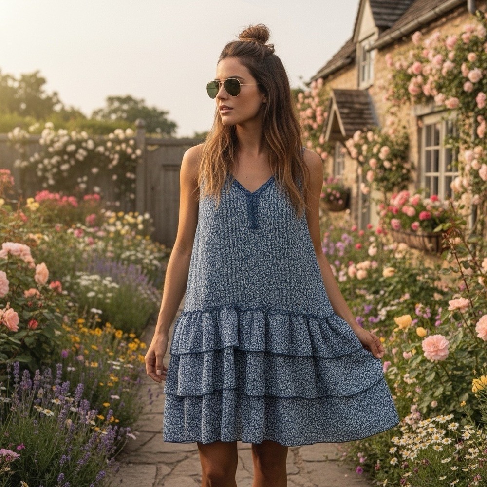 1.STATE Blue White Tiered Ruffle Dress Women's Large Boho Sleeveless Lined